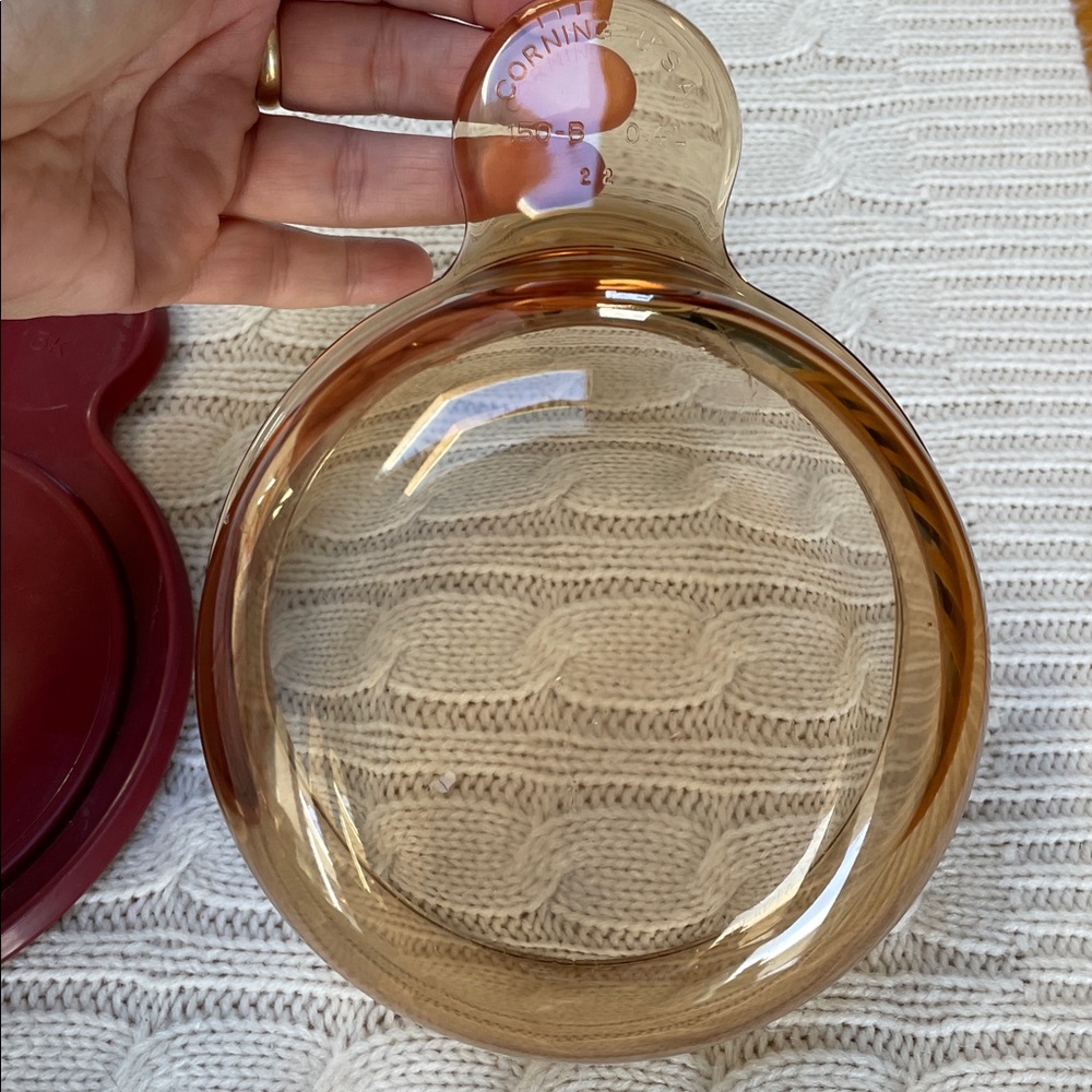 Vtg Corning Visions Heat ‘n’ Serve amber “grab it” bowl/dish/storage Maroon Lid - Picture 6 of 9